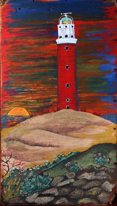 schildering hout vuurtoren Texel