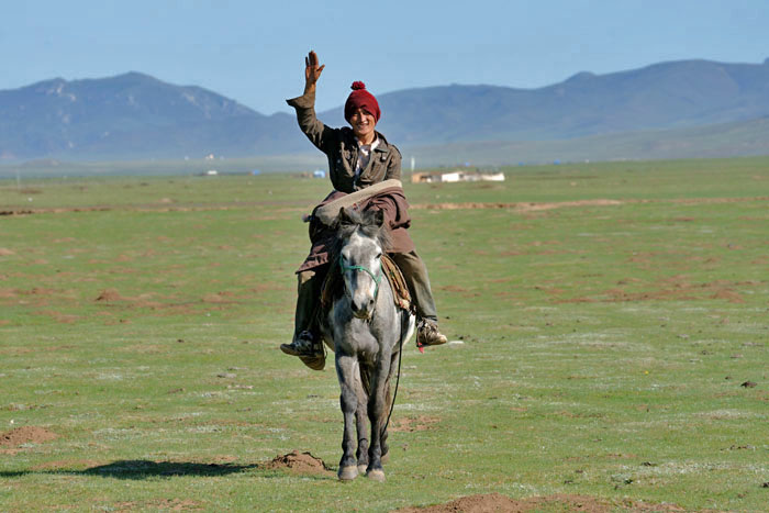 hoogvlakte, Ruo-ergei, Sichuan, West-China, herder te paard