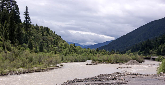 rivier, stroomdal, gebergte, Gar Qu, Sichuan, China