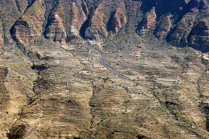 akkers, terrassen, bergen, rivier, Debre Libanos, Ethiopië