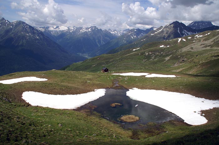 bergen, sneeuw, meertje, Charmanna Cler, Guarda, Graubünden, Zwitserland