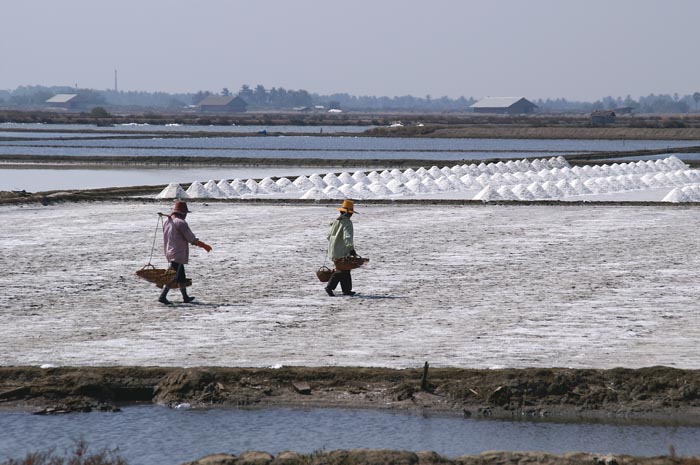 zoutpannen, mensen, Pak Thale, Thailand