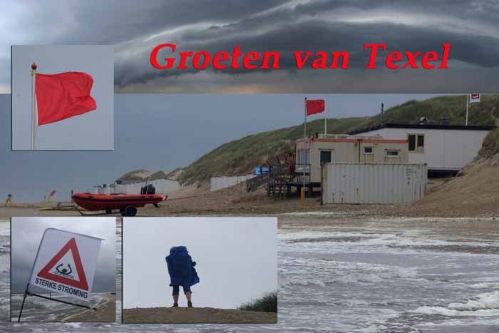 regen rode vlag Texel wind zomer ansichtkaart strandwacht