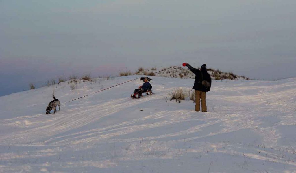 winter slee duin kinderen hond Texel