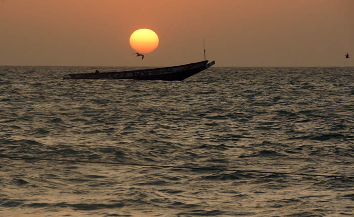 zonsondergang, visserij, vissersboot, kust, Tanji, Gambia